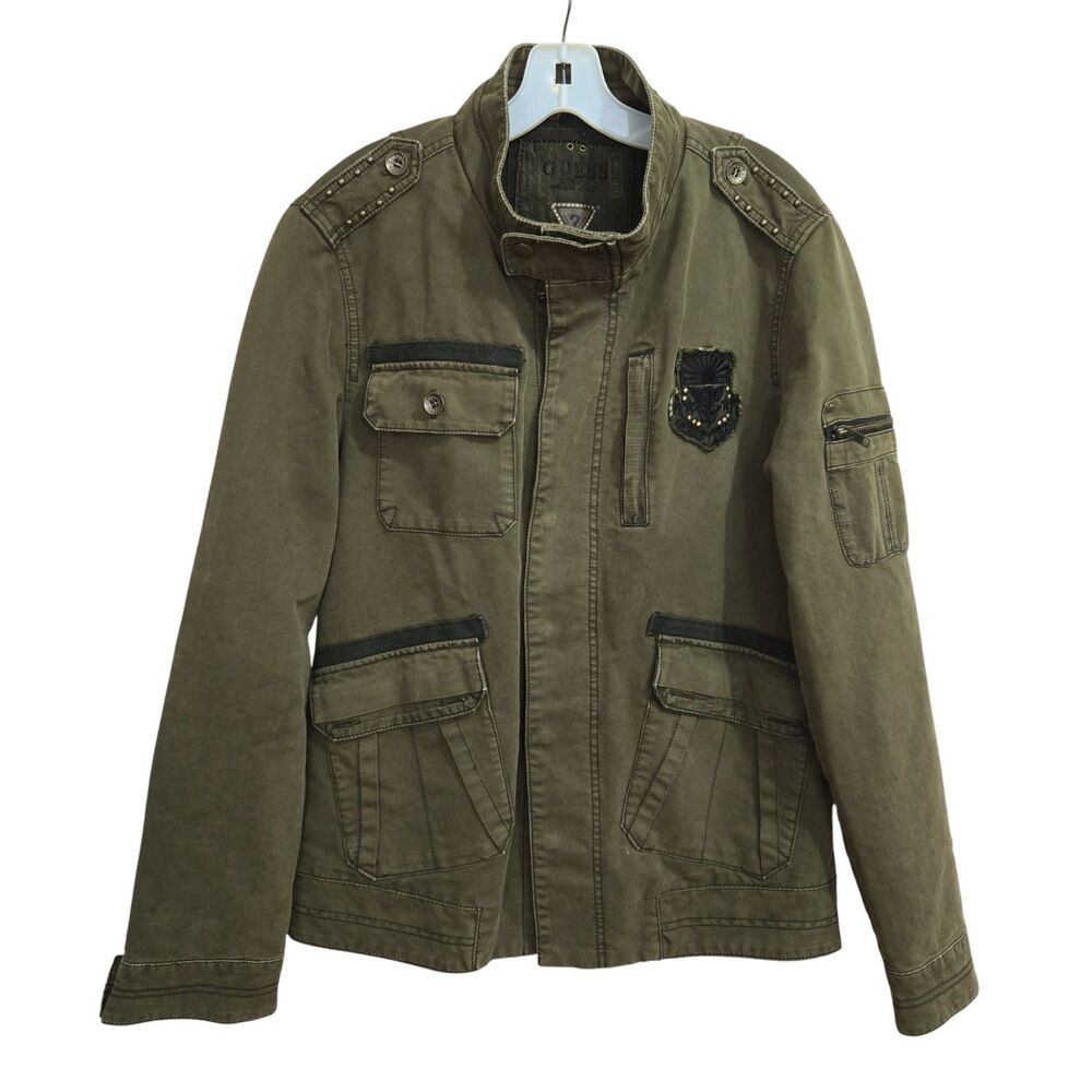 Guess Military style jacket Mens Size S Army Green Studs Patches Punk Grunge